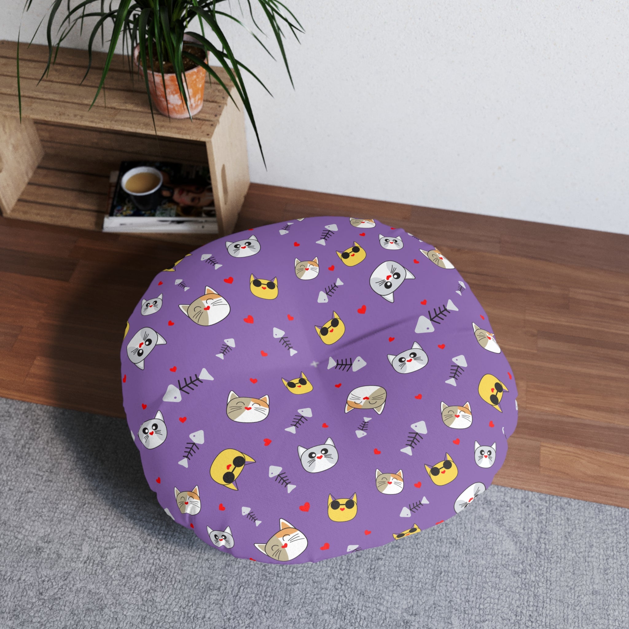 Cute Cat & Dog Tufted Floor Pillow – Fun, Pet-Themed Round Cushion for Cozy Living Spaces